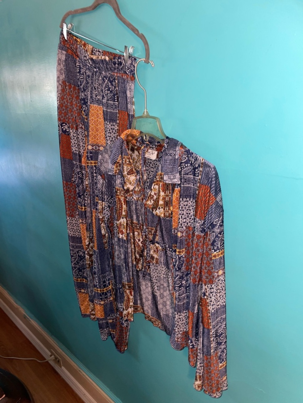 Three pieces women patchwork palazzo print navy and rust set new